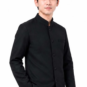 Men's Plain Black Thai Shirt Safari Jacket With Woven Pattern Long Sleeve Mandarin Chinese Collar Outfit Wedding Formal SIZES S-6XL