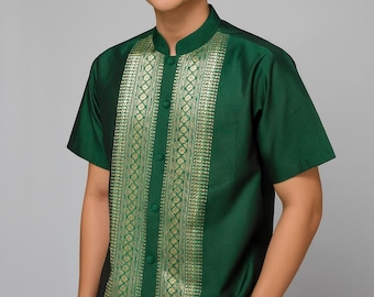 Camisa de seda para hombre, ropa tradicional tailandesa, laosiana y jemer, manga corta y larga, cuello mandarín, atuendo para bodas y eventos formales.