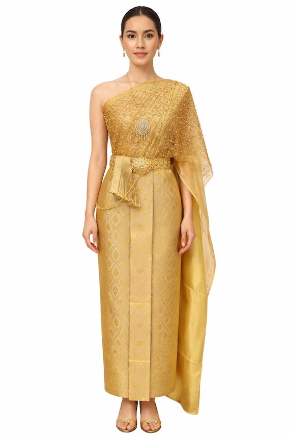 thai wedding dress gold Silk Dress, 3-piece Outfit thai wedding dress red