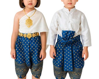Kids Matching Thai Laos Khmer Traditional Outfit Set Native Costume Wedding Religious Ceremonies Buddhist holidays