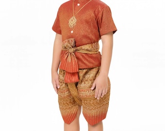 Boy’s Thai Traditional Outfit 3 Piece Silk Set Shirt Pants Waistband Kids Children's Clothing Weddings Festivals Photoshoots