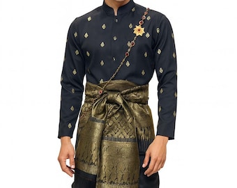 Traje tailandés de boda para hombre de 3 piezas: camisa, pareo y cinturón.