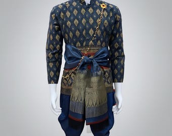 Herren Traditionelles Thai / Lao / Khmer Outfit 3-teiliges Set Hemd Sarong Bund Thai Faux Seide Hochzeitskleidung SHIRT SEPARAT ERHÄLTLICH