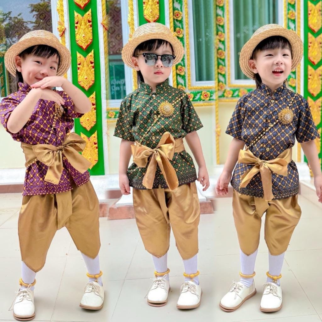 Boys traditional Thai/Lao/Khmer Outfit Set Shirt Sarong Skirt Native Thailand Clothing Lanna Style Children Kids Shoulder cloth /Sashes