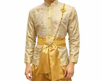 Men's Traditional Thai Wedding 3 Piece Outfit - Shirt Sarong Waistband