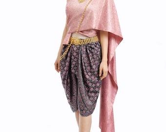 Siam Regal's Ladies Traditional Thai Lao Khmer Outfit 2 Piece Set Sash & Chong kraben Sarong Thai Faux Silk Wedding Formal Attire Women's