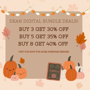 K&ouml;nnte beinhalten: Eine digitale Illustration eines Herbstverkaufs mit K&uuml;rbissen, Bl&auml;ttern und einer Lichterkette. Der Text lautet "DEAN DIGITAL BUNDLE DEALS! BUY 3 GET 30% OFF BUY 5 GET 35% OFF BUY 8 GET 40% OFF VISIT OUR SHOP FOR MORE AWESOME DESIGNS!"