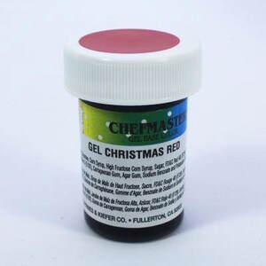 May include: A small, round jar of red gel food colouring labelled "Chefmaster Gel Base Colour Gel Christmas Red". The jar has a white lid and a red label with white text.