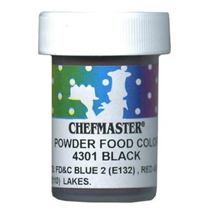 May include: A small, white plastic jar with a blue, green, and purple label. The label says "Chefmaster Powder Food Color 4301 Black FD&C Blue 2 (E132), Red 40 (10) Lakes."