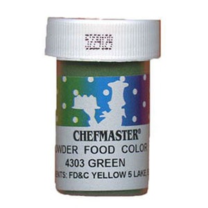 Peut inclure: Un petit pot en plastique de colorant alimentaire vert en poudre étiqueté "Chefmaster Powder Food Color 4303 Green" avec les ingrédients indiqués comme "FD&C Yellow 5 Lake".
