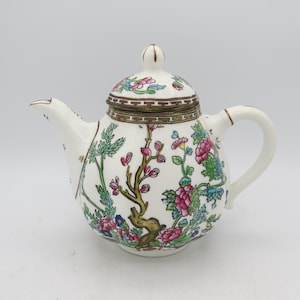 Coalport Indian Tree Teapot, 24 oz, Pink Floral, Antique Teapot, Pink Flowers, Green Leaves