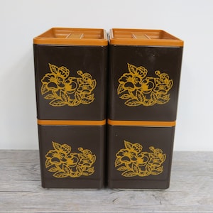 Vintage Brown Metal Canister Set of 4, Harvest Gold, Retro Canister Set, Stacking Canisters