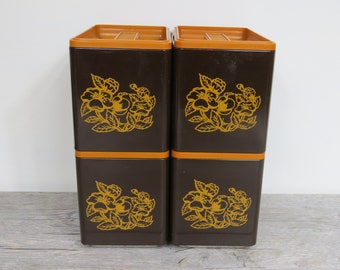 Vintage Brown Metal Canister Set of 4, Harvest Gold, Retro Stacking Canisters