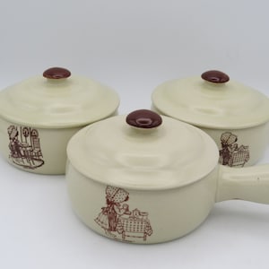 Vintage Holly Hobbie Soup Bowls, Set of 3, Ceramic Soup Bowls Lids, Handles, Onion Soup Bowls, Cookware