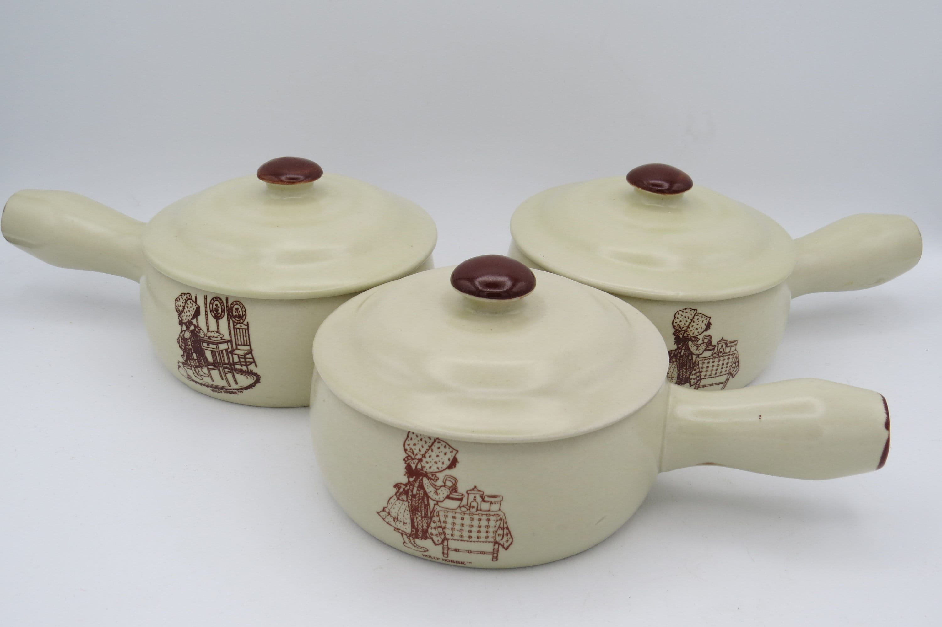 Vintage Holly Hobbie Soup Bowls, Set of 3, Ceramic Soup Bowls Lids,  Handles, Onion Soup Bowls, Cookware 