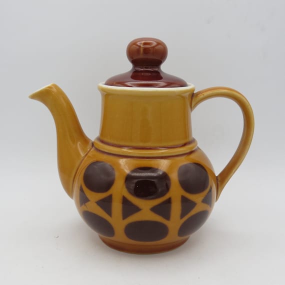 Vintage Ceramic Teapot, Beige and Brown, Mid Century Modern Teapot, 1970s Kitchen Decor