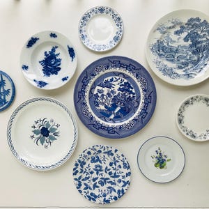 Vintage Blue & White Transferware Plates - Gallery Wall Decor, Set of 9