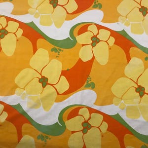 Vintage Yellow and Orange Floral Tablecloth, 50&quot; x 64&quot;, Mid Century Modern, Retro Flower Power, Rectangular Cotton Blend,1970s Kitchen Decor