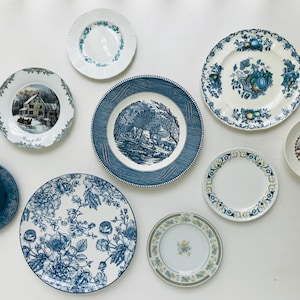 Vintage Blue and White Transferware Plates: Gallery Wall Decor, Set of 9