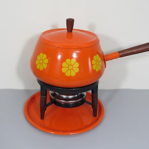 Vintage Orange Enamel Fondue Pot Set with 12 Forks, Made in Japan, 1970s Kitchen, Mid Century Modern
