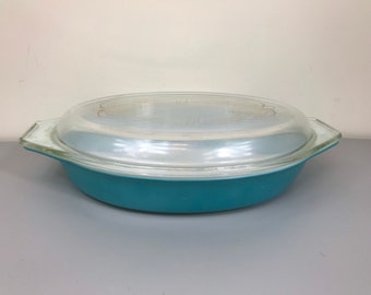 Turquoise Pyrex Oval Casserole Dish, 1.5 Quart, Aqua Teal Baking Dish, Clear Lid with Gold Scroll