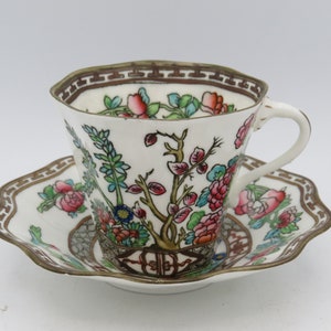 Coalport Indian Tree Flat Cup and Saucer,  6 oz, Coffee Cup, Gold Trim, Pink Floral Teacup, Scalloped Edge, Pink Flowers, Green Leaves