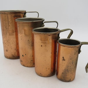 Vintage Copper Measuring Cups, Set of 4, Brass Handles, Stackable, Metal Measuring Cups, Copper Kitchen Decor