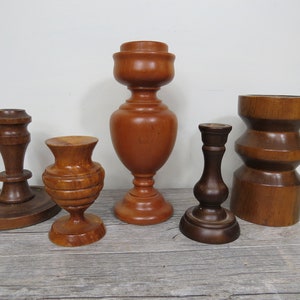 Set of 5 Wooden Candleholders , Mismatched Candle Sticks, Candle Holders, Vintage Wood Candle Sticks, Wedding Decor Candles