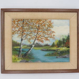 Vintage River Landscape Painting, Wood Frame, Signed V. Chapman