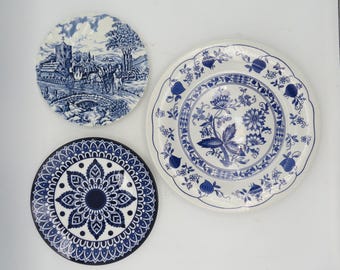 Vintage Blau & Weiß Transferware Teller, 3er Set, Wanddekoration