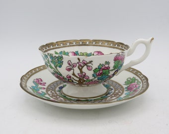 Coalport Indian Tree Teacup & Saucer: Pink Floral Bone China, Gold Trim
