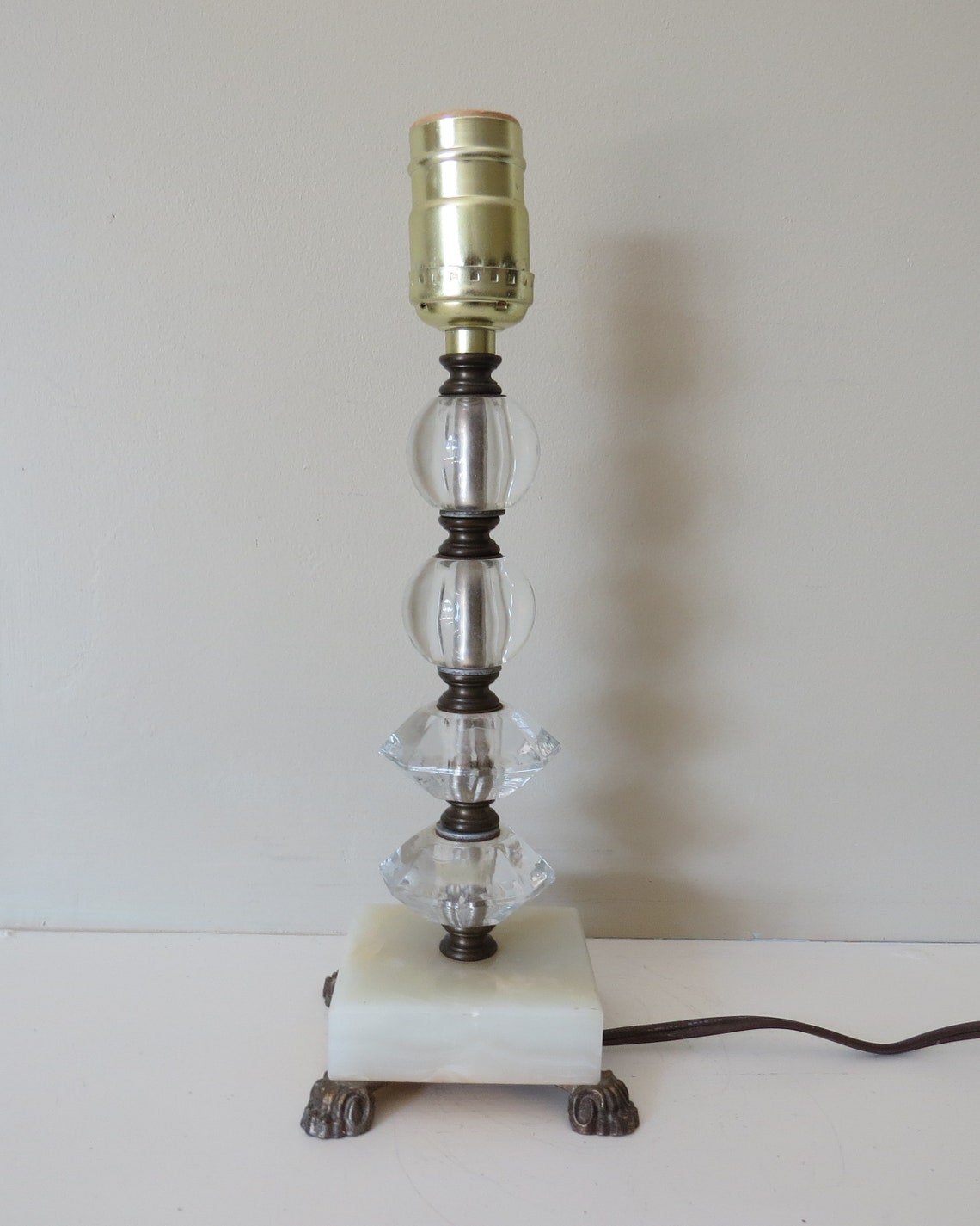 Vintage Glass Table Lamp Stone Base Bronze Trim Crystal Etsy