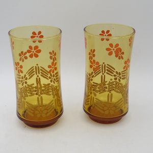 Libbey Amber Floral Gläser: 1970er Jahre Mid Century Modern Trinkgläser (2er Set)
