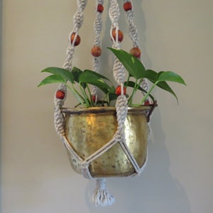 Vintage Macrame Plant Hanger with Beads, Hanging Plant Holder, 42&quot;, Ceiling Plant Hanger, 1970&#39;s Decor, Retro Decor