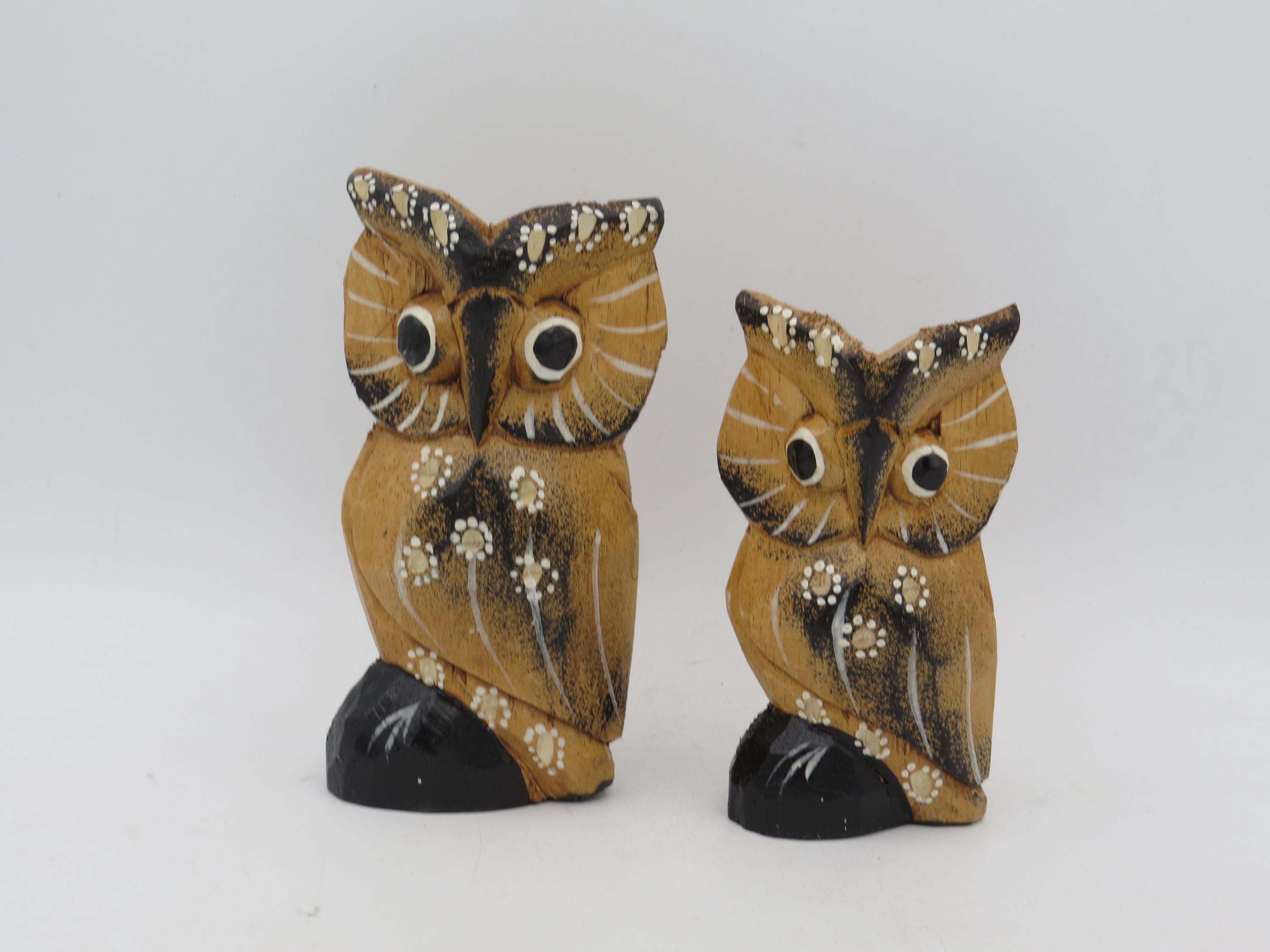 木製フクロウの彫刻2体セット、フクロウの木彫り、棚装飾 - Etsy 日本