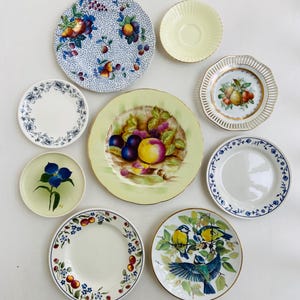 Vintage Kitchen Gallery Wall Decor:  9 Blue and Yellow Plate Set, Fruit and Flowers