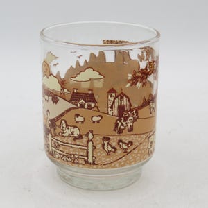 4 Libbey Farmyard Juice Glasses, Barnyard Theme, 4 oz, Brown Glassware, Retro Glassware