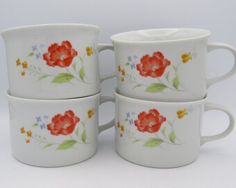 4 Vintage Soup Mugs Set: Floral Porcelain Bowls, Heathside, Made in Japan