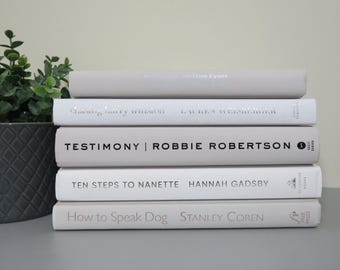 Taupe & White Decorative Book Stack: 5 Neutral Books for Shelf Decor