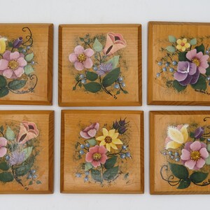 Floral Wood Coaster Set, 6 Wooden Coasters with Holder, Housewarming GIft, Hostess Gift