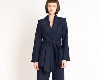 Navy blue floral embossed wrap around two piece set blazer and pants