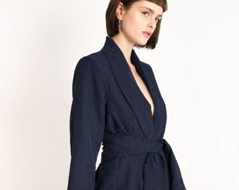 Navy blue patterned relaxed fit blazer with wrap around belt