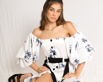 White, midi, palm tree print dress with side slits and peasant sleeves