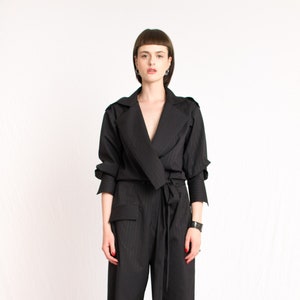 Custom made black striped plunging neckline detachable belt jumpsuit