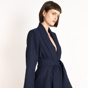 navy blue patterned relaxed fit blazer with wrap around belt