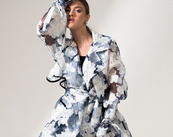 Floral organza transparent ankle length trench coat