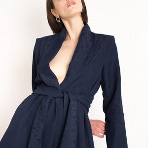 navy blue patterned relaxed fit blazer with wrap around belt