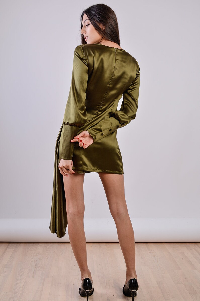 Olive green mini satin dress