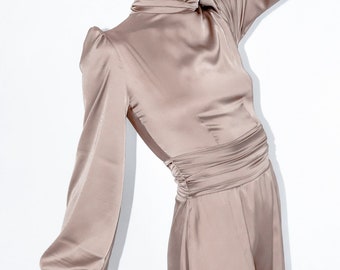 Silk satin turtleneck draped midi dress with a side slit