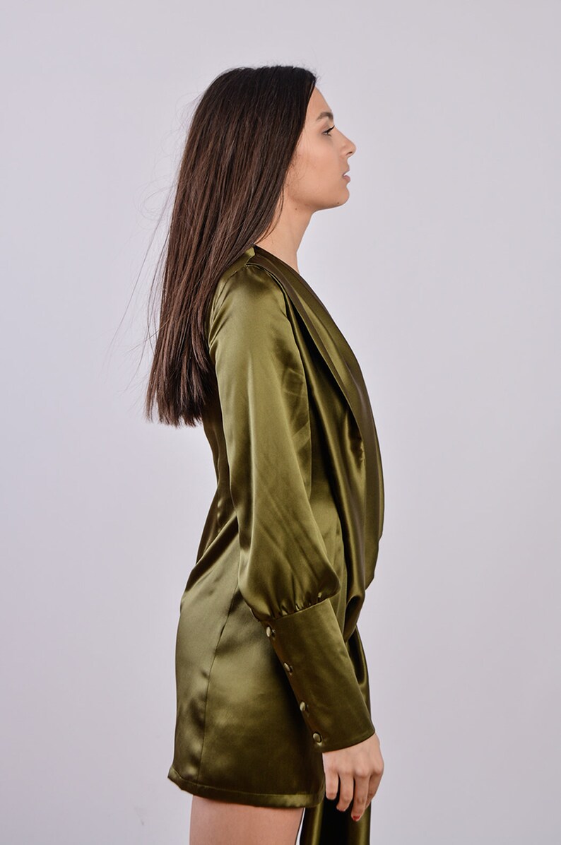 Olive green mini satin dress
